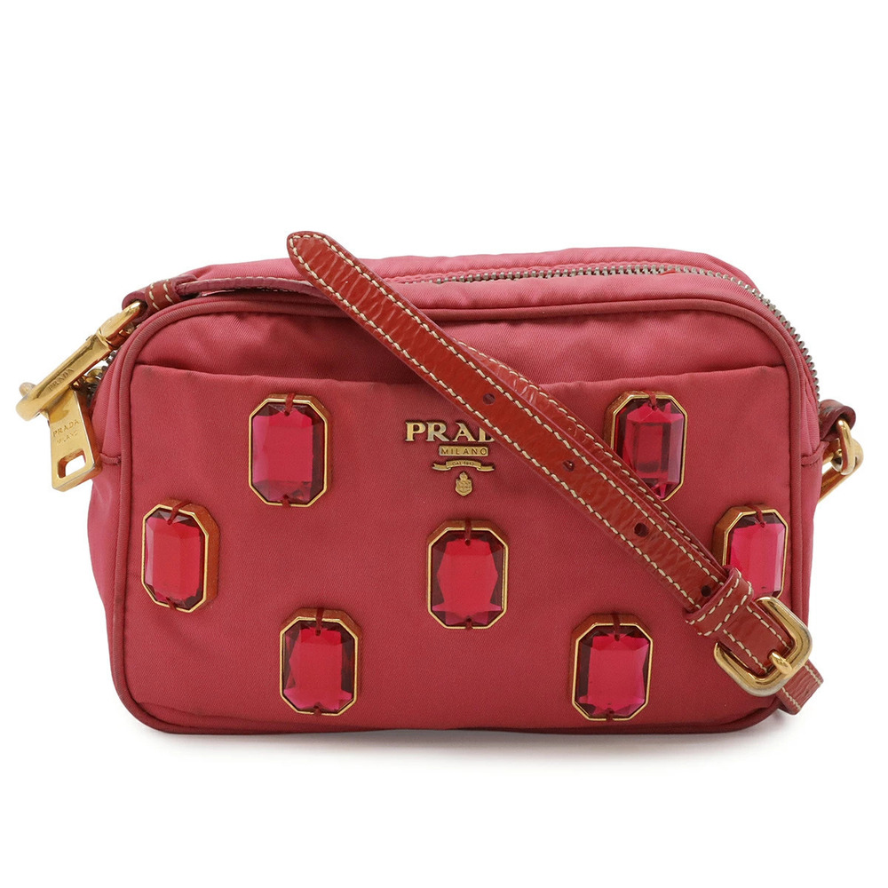 Prada TESSUTO PIETRE Shoulder Bag Leather Embellished Pink Red